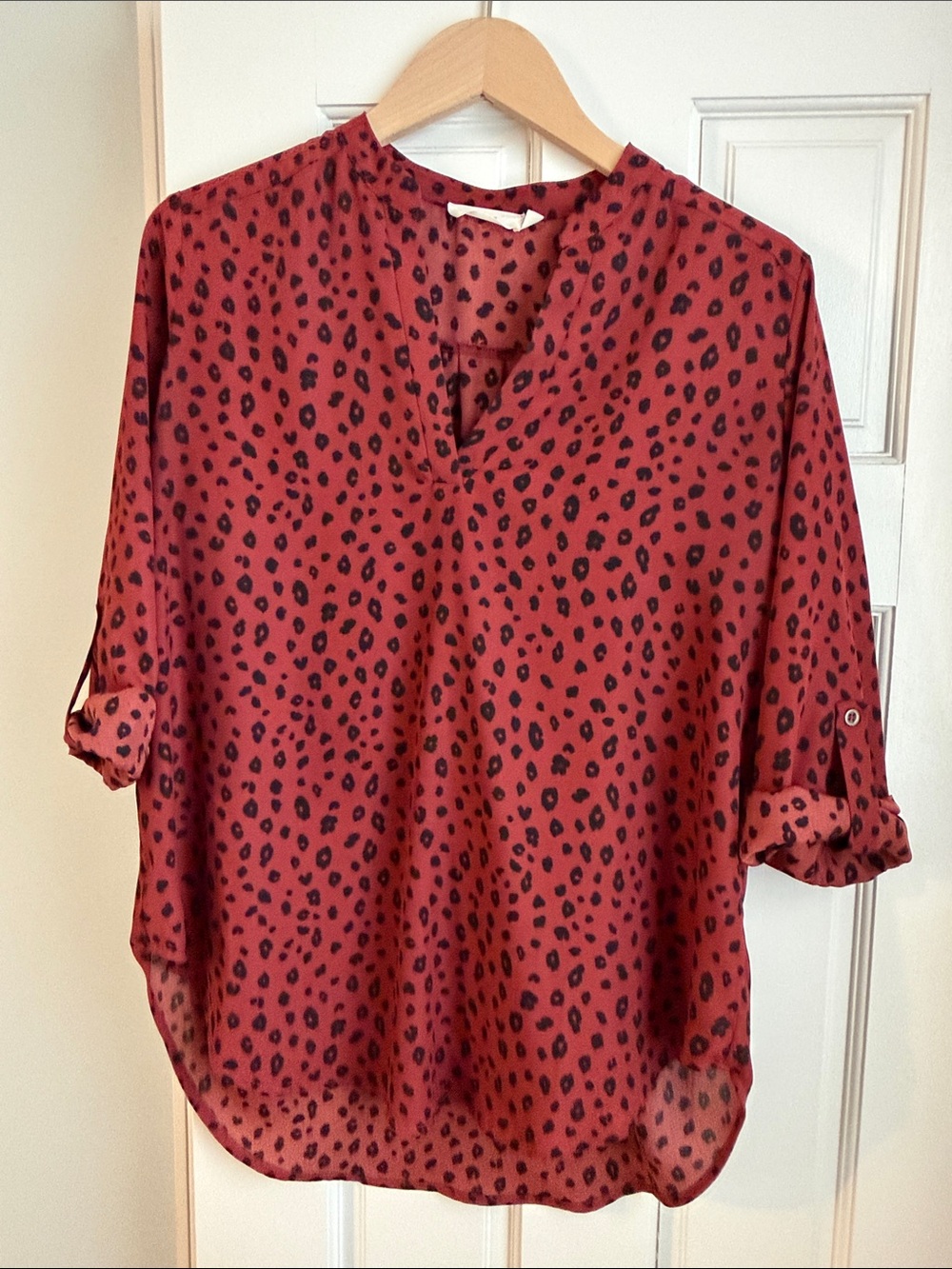 Lush Rust Red Leopard Print Roll-Tab Blouse